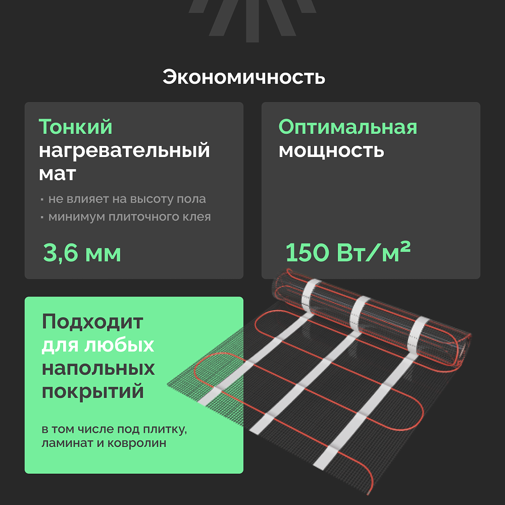 Теплый пол Ewrika MAT EWR 150-1,5 самоклеящийся, под плитку, под паркетную доску, под керамогранит