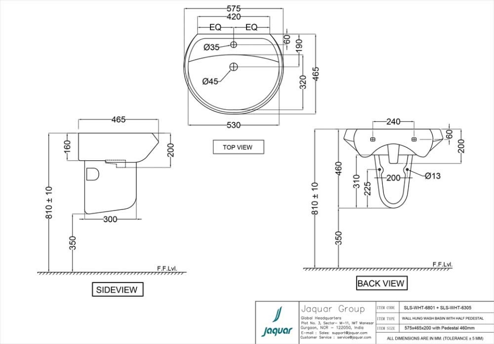 Полупьедестал для раковины Jaquar SLS-WHT-6305