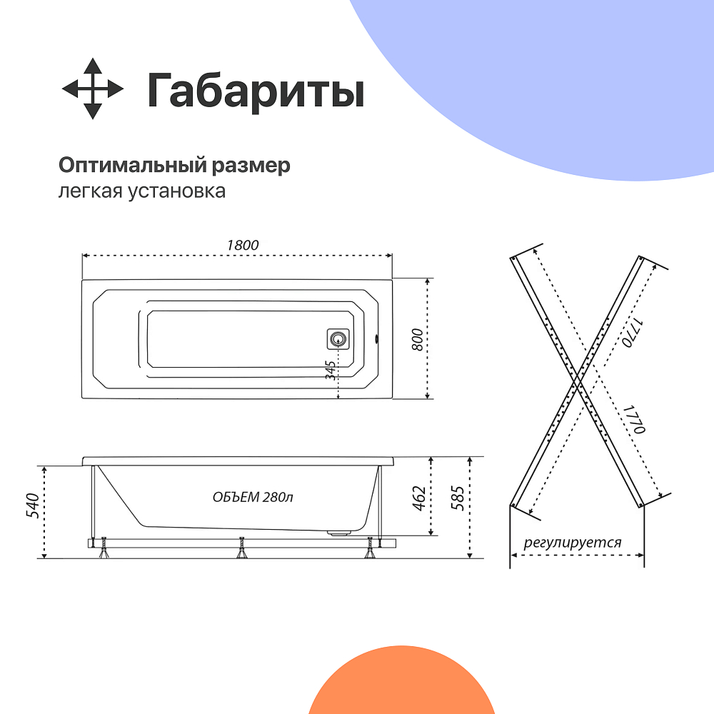 Акриловая ванна DIWO Элиста 180x80 см, с каркасом