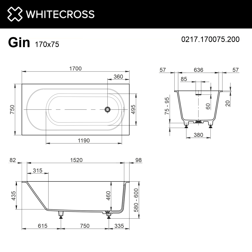 Ванна из искуственного камня Whitecross Gin 170x75 0217.170075.200 белый матовый