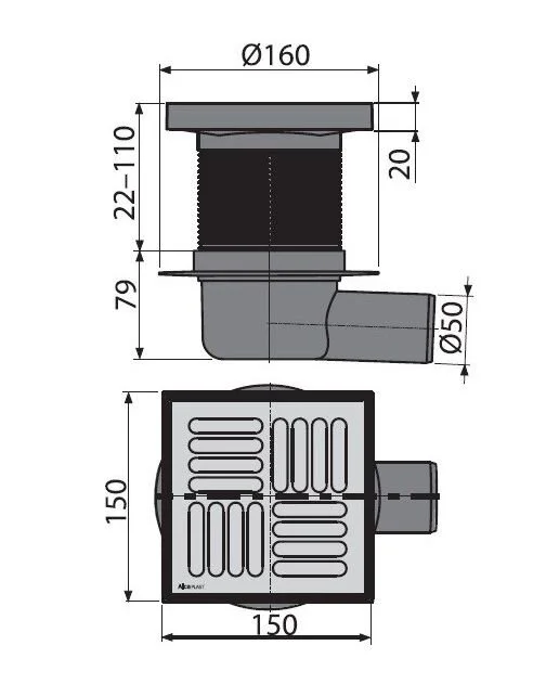 Душевой трап Alcaplast APV5411 150x150/50 выпуск боковой, гидрозатвор