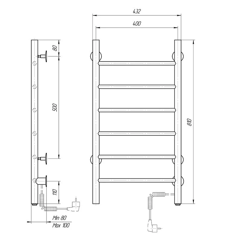 Полотенцесушитель электрический Domoterm Классик DMT 109-6 40x80 ЧРН EK R черный