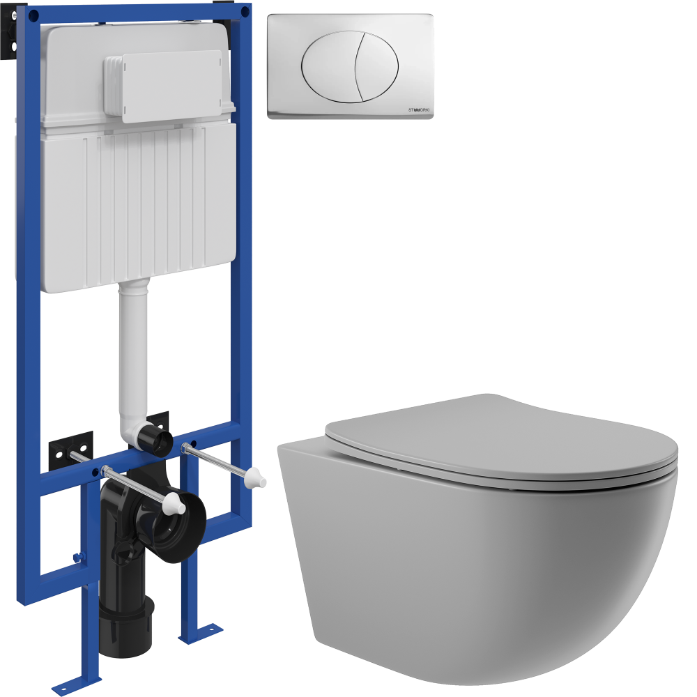 Комплект Унитаз подвесной Aqueduto Ovo OVO0130 безободковый, с микролифтом, серый матовый + Инсталляция STWORKI + Кнопка 230822 хром глянцевый
