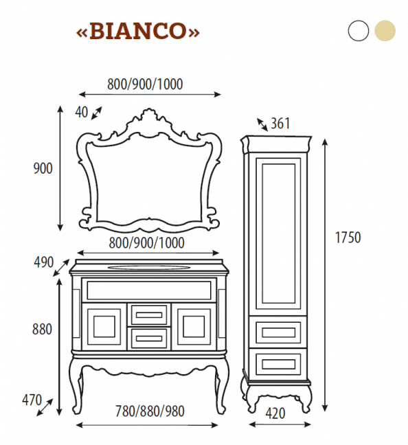 Тумба под раковину Misty Bianco 80 Л-Бья01080-3912Я, белая сусальное золото