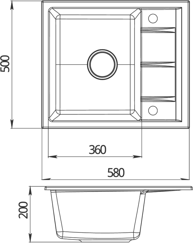 Мойка кухонная Domaci Солерно DMQ-1580.Q морион, 58х50 см, черная, кварцевая, с крылом, встраиваемая сверху