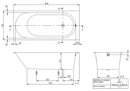 Квариловая ванна Villeroy & Boch Oberon 2.0 180х80 UBQ181OBR2DV-01 белый