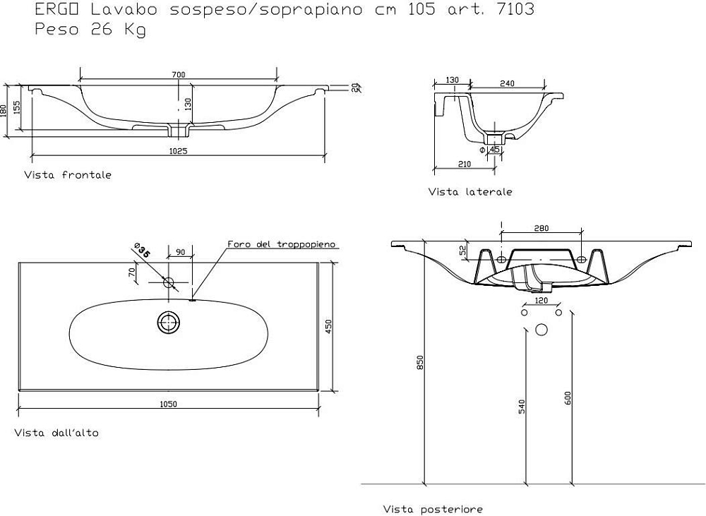 Раковина Galassia Ergo 7103 105 см