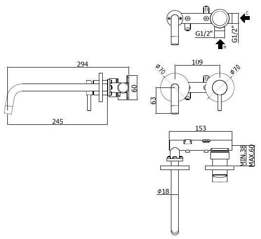 Смеситель для раковины Paffoni Light LIG103NO70 с внутренней частью, черный