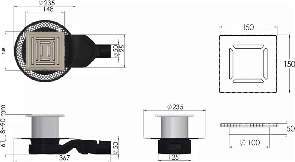 Душевой трап Berges Wasserhaus Platz Uno 090170 15x15 см