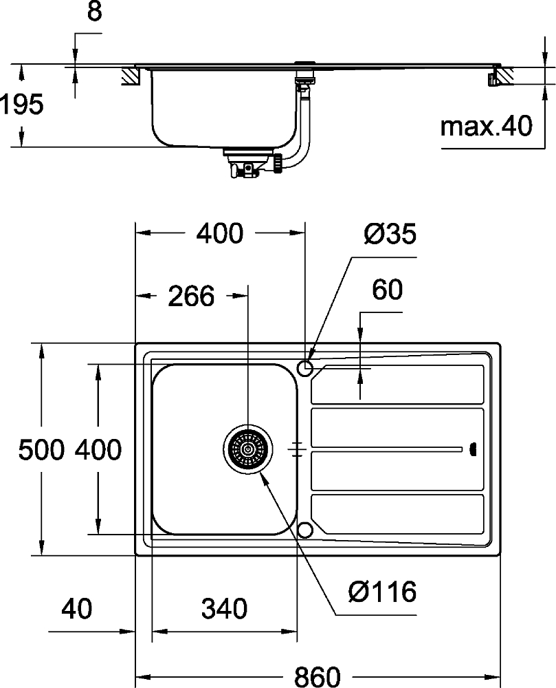 Комплект Grohe Minta 31573SD0 Кухонная мойка K500 31571SD0 + Смеситель Mint 32168000 для кухонной мойки