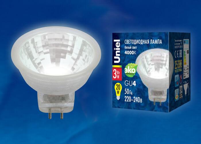 Лампа светодиодная Uniel GU4 3W 4000K прозрачная LED-MR11-3W/NW/GU4/220V GLZ21TR UL-00001703