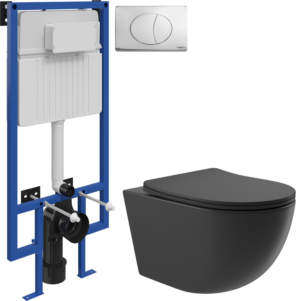 Комплект Унитаз подвесной Aqueduto Ovo OVO0140 безободковый, с микролифтом, черный матовый + Инсталляция STWORKI + Кнопка 230822 хром глянцевый