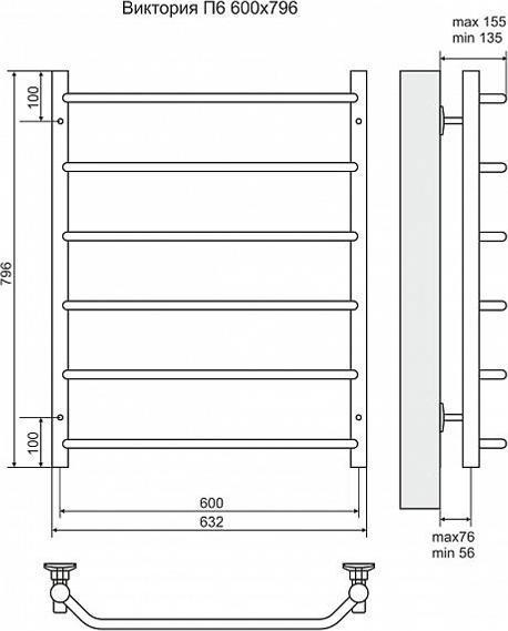 Полотенцесушитель электрический Terminus Виктория П6 600x796, ТЭН HT-1 300W, левый/правый