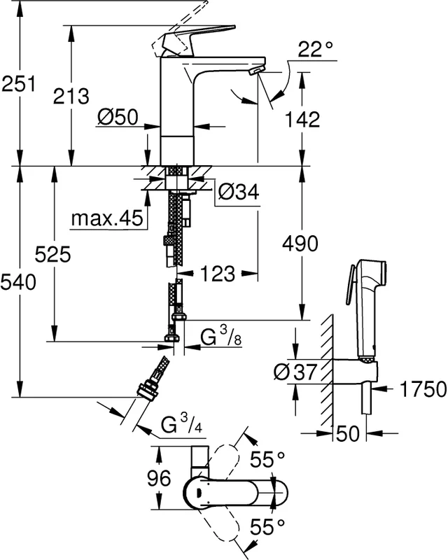 Смеситель для раковины Grohe Eurosmart Cosmopolitan 24191000 с гигиеническим душем, хром