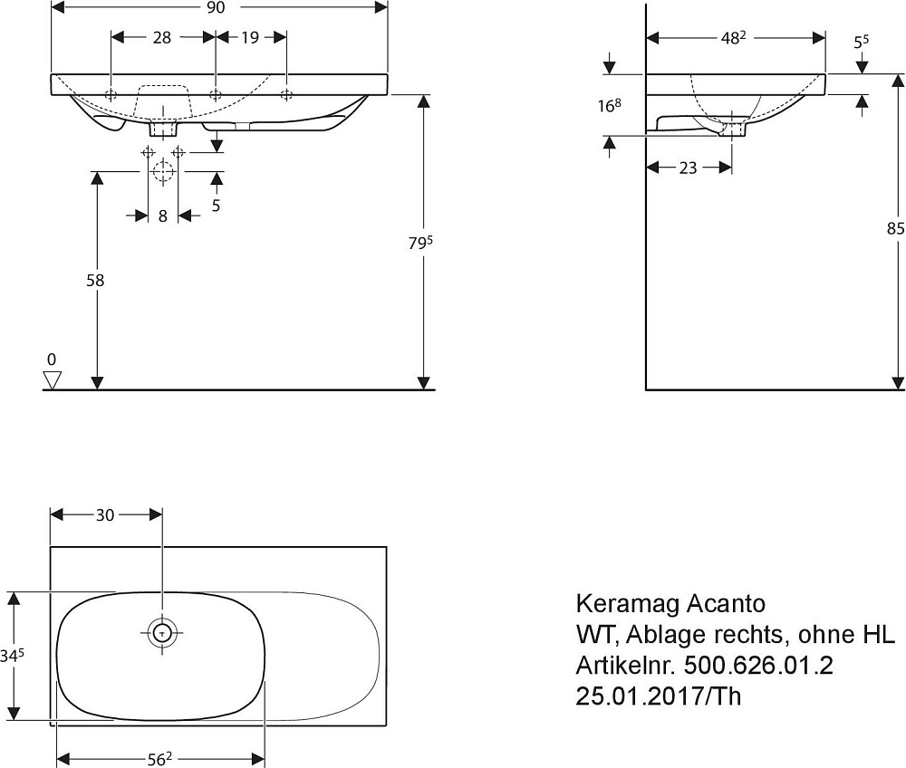 Раковина 90 см Geberit Acanto 500.626.01.2, белый