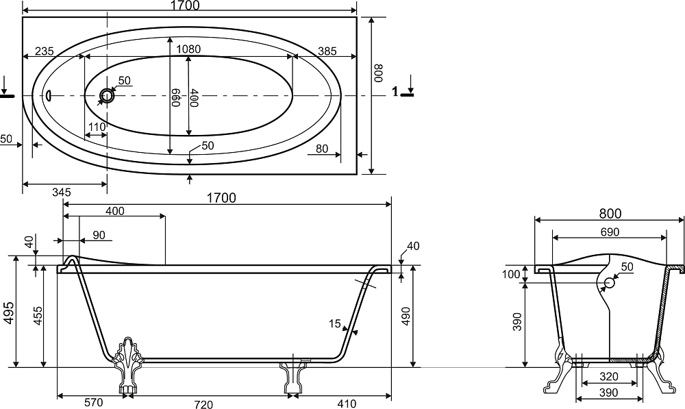 Ванна из искусственного камня Эстет Венеция 170x80 R