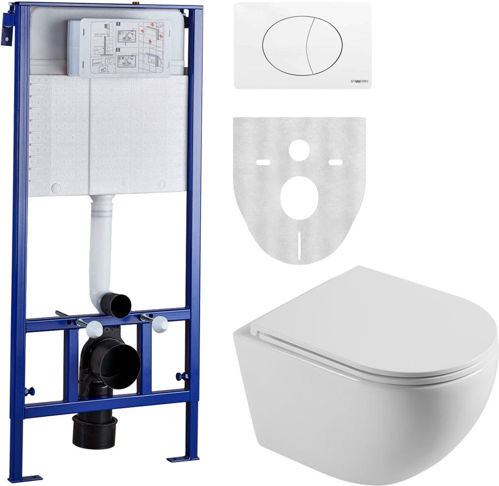 Комплект Унитаз подвесной STWORKI Скаген SK-09up безободковый, с микролифтом + Инсталляция + Кнопка 230824 белая