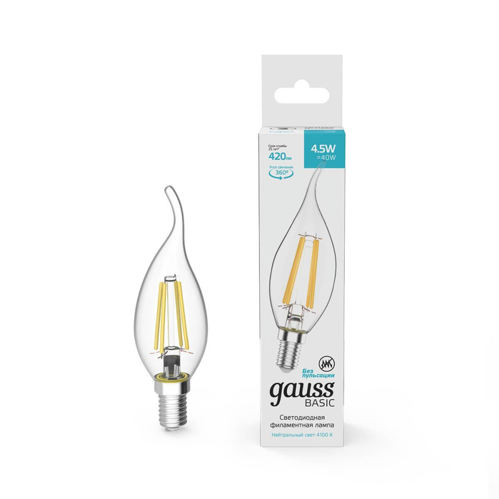 

Лампа светодиодная филаментная Gauss E14 4,5W 4100К прозрачная 1041125, Basic Filament Свеча