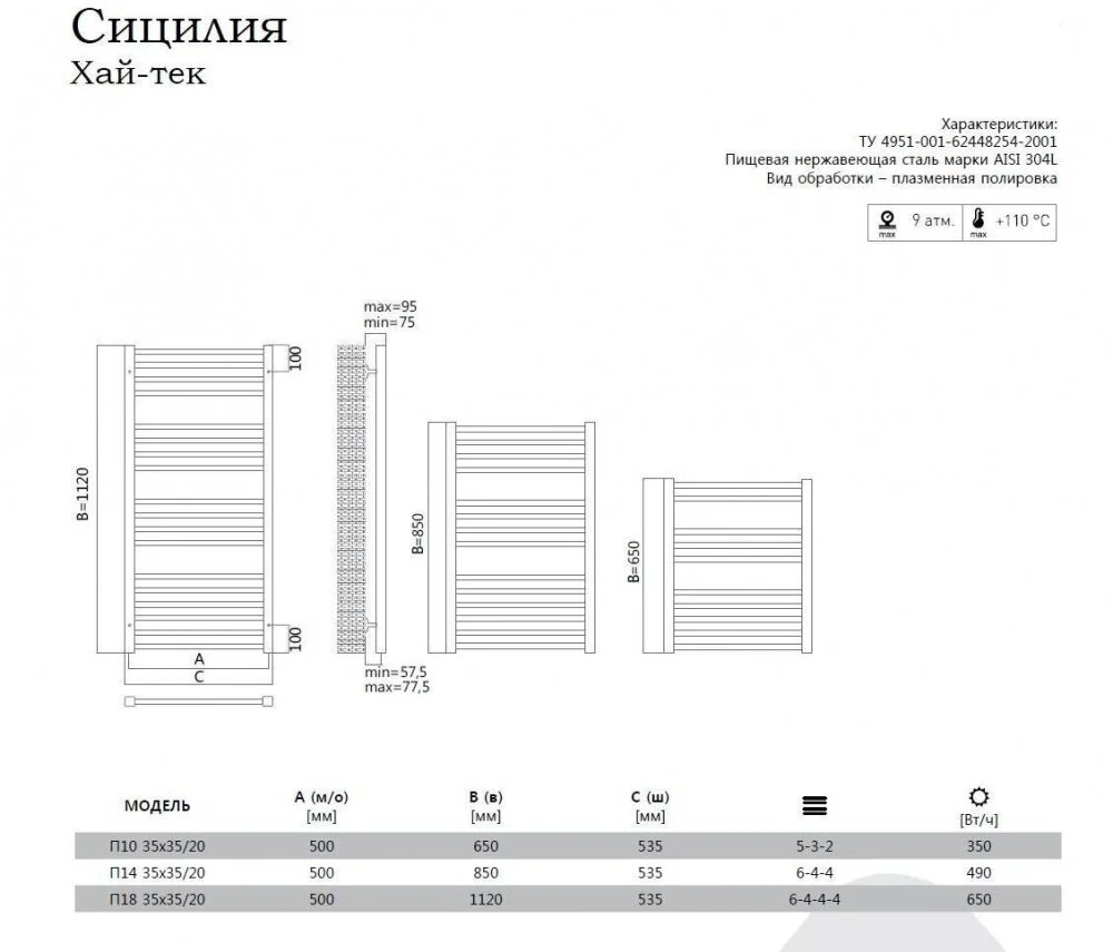 Полотенцесушитель водяной Terminus Сицилия Сицилия 500*1120, 35x35/20 П18 хром