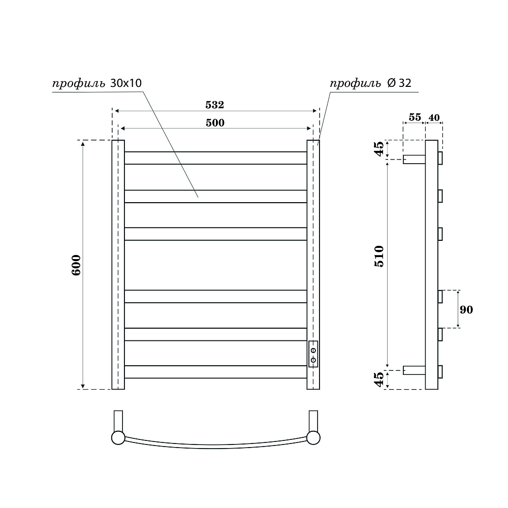 Полотенцесушитель электрический Point Антея PN17856B П6 500x600, диммер справа, черный