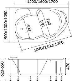 Акриловая ванна 1MarKa Diana 160x100 R 01ди1610п, без гидромассажа