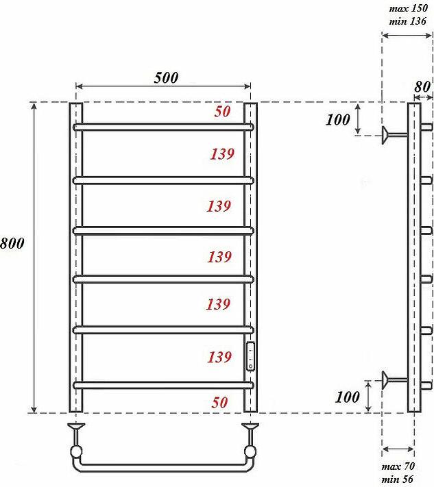 Полотенцесушитель электрический Point PN08858 П6 500x800 диммер справа, хром