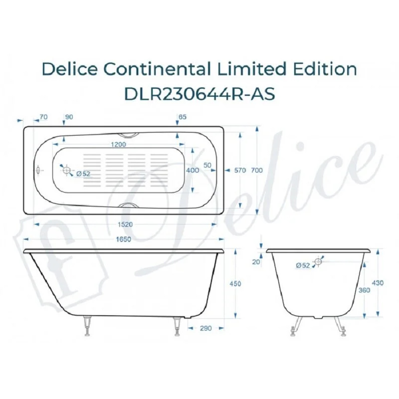 Чугунная ванна Delice Continental DLR230644R-AS белый