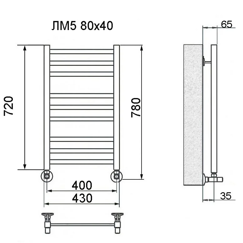 Полотенцесушитель водяной Ника Modern ЛМ 5 80/40 черный мат. с вентилями черный