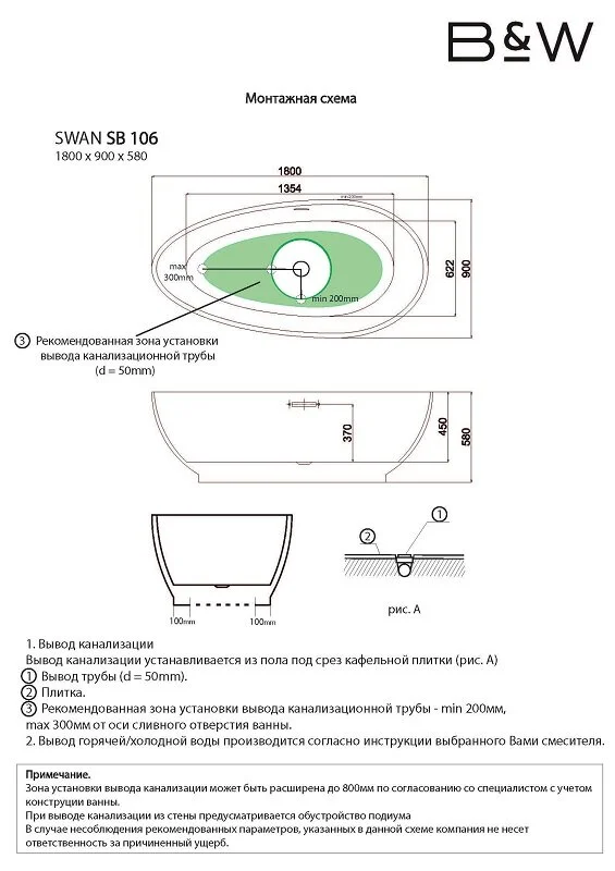 Акриловая ванна Black&White Swan SB106 белый