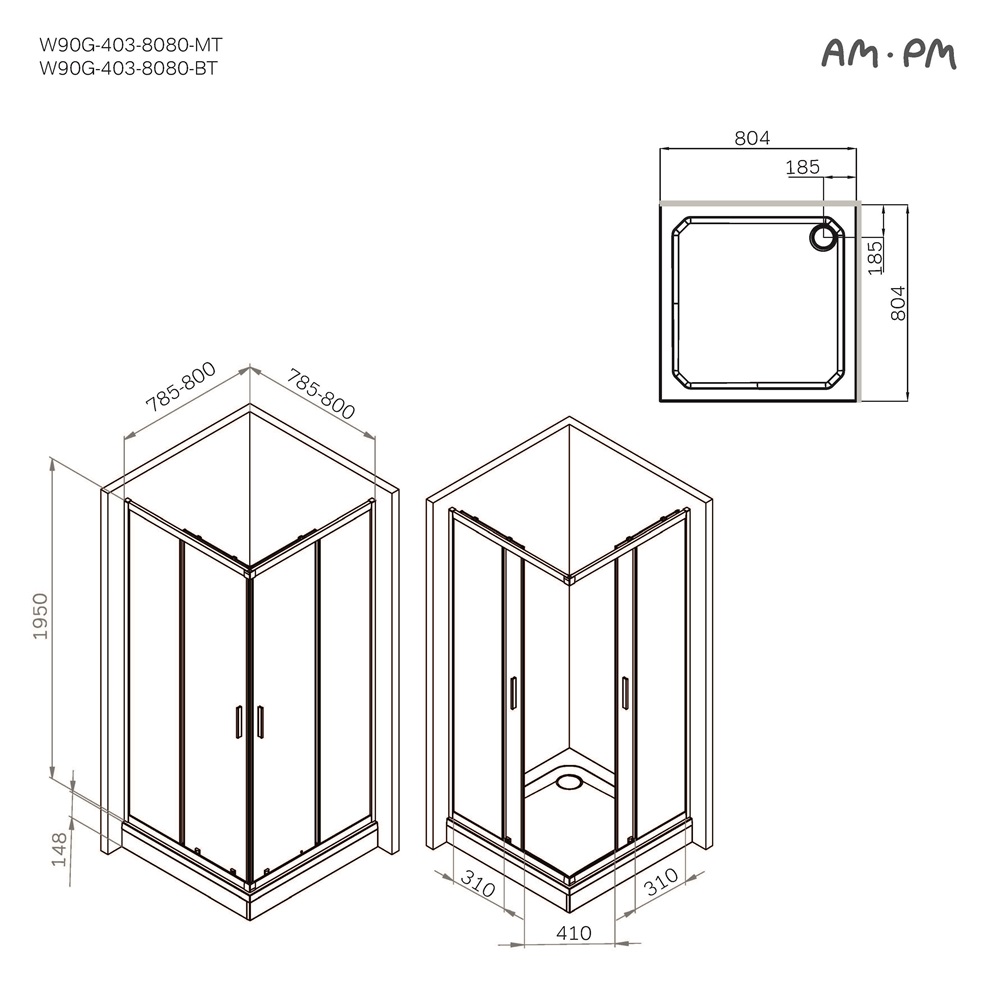 Душевой уголок 80x80 AM.PM Gem W90G-403-8080-BT стекло прозрачное, профиль черный матовый