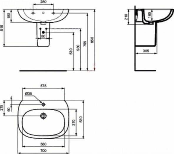 Раковина 70 см Ideal Standard Tesi T351201, белый