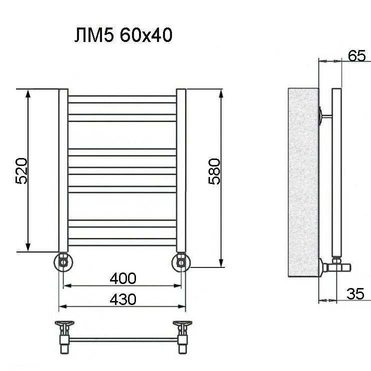 Полотенцесушитель водяной Ника Modern ЛМ 5 60/40 черн мат с вентилями черный