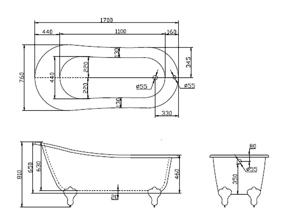 Акриловая ванна BelBagno BB06-1700/BB-LEG-EAGLE-BRN/B06-SUP белый