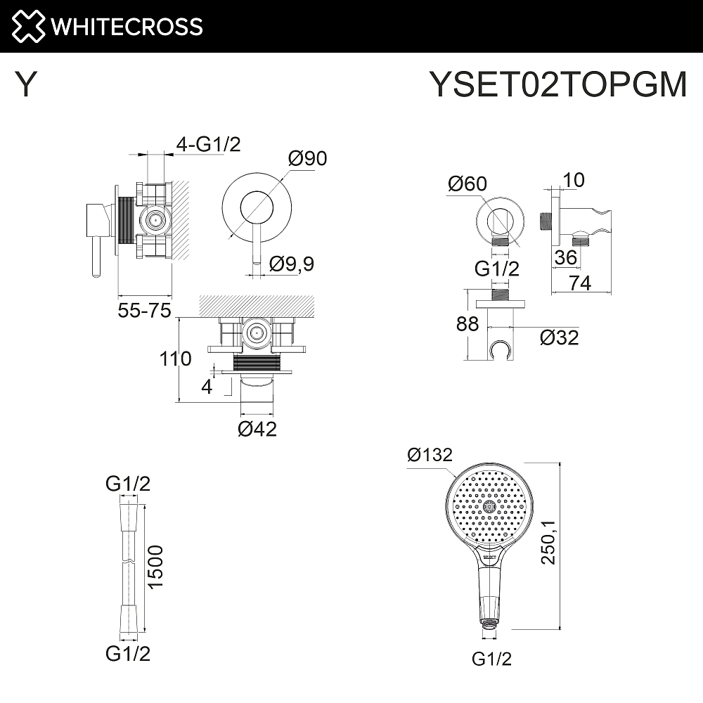 Душевая система Whitecross Y YSET02TOPGM оружейная сталь