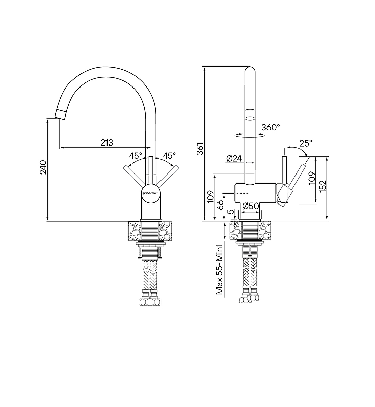 Смеситель для кухни Paulmark Bend Be212066-SS нержавеющая сталь