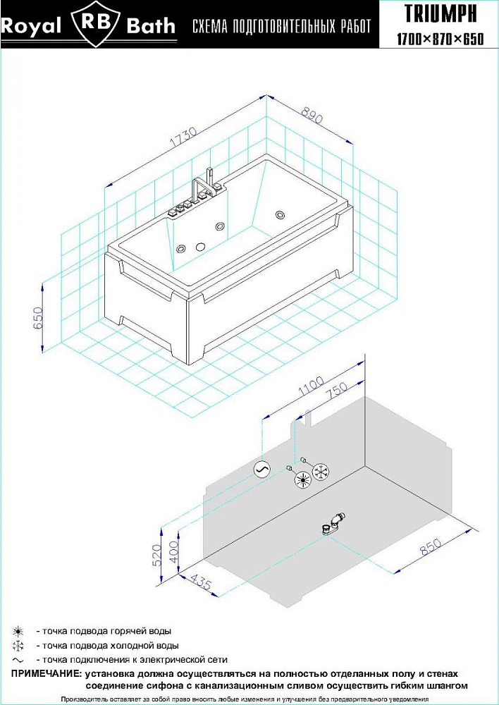 Акриловая ванна Royal Bath Triumph Comfort 170х87 см RB665101CO с гидромассажем