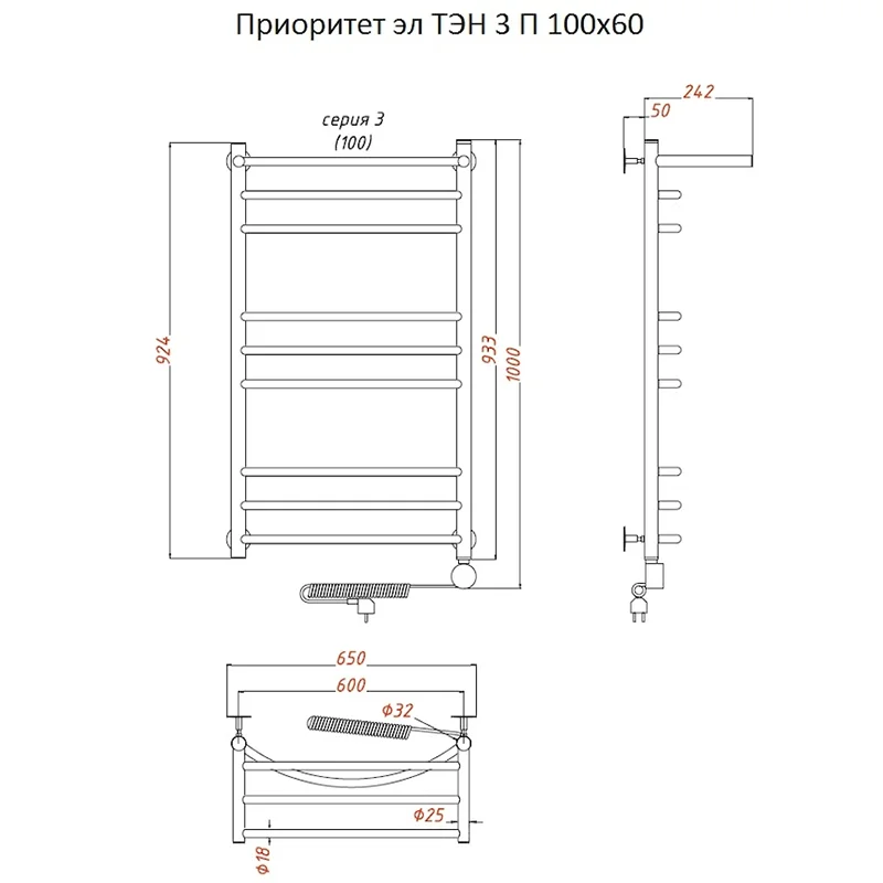 Полотенцесушитель электрический Тругор Приоритет серия 3 Приоритет3/элТЭН10060П хром