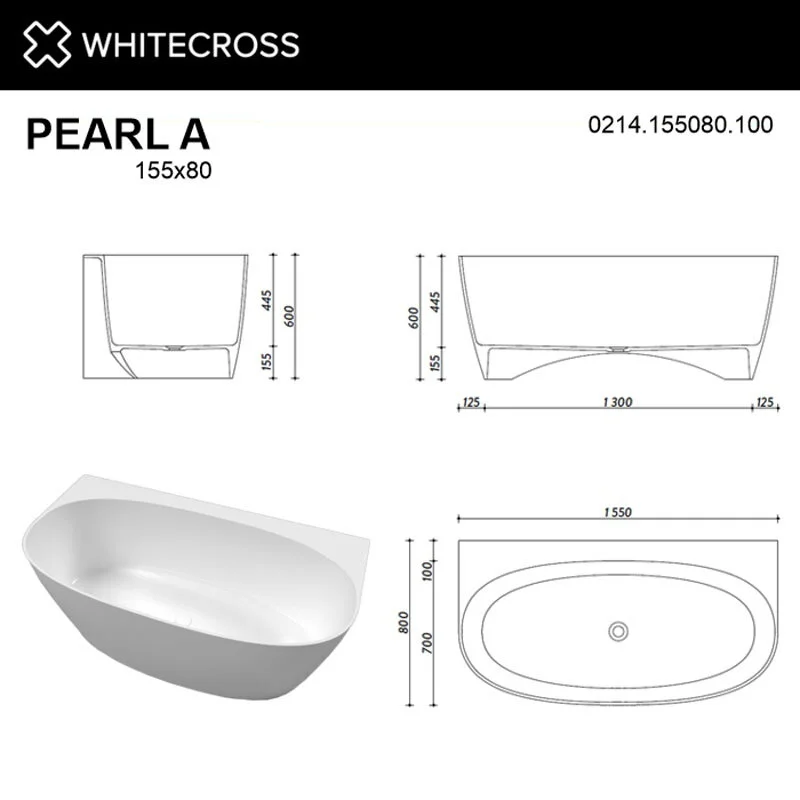 Ванна из искуственного камня Whitecross Pearl 0214.155080.100 белый