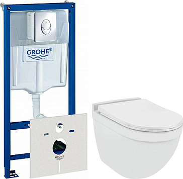 Комплект инсталляции Grohe Rapid SL 38750001 4 в 1 с кнопкой смыва и подвесным унитазом Jaquar Solo SLS-WHT-6953BIUFSM с крышкой-сиденьем микролифт