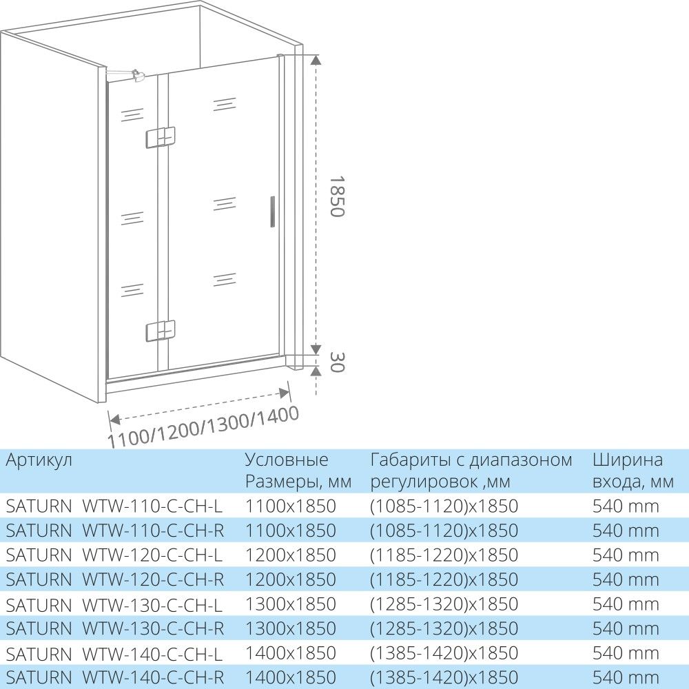 Душевая дверь в нишу 140 см Good Door Saturn WTW-140-C-CH-R СА00010 стекло прозрачное