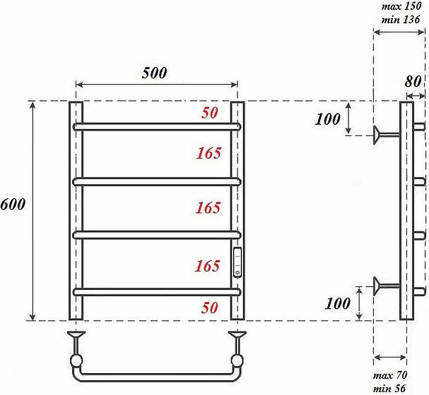 Полотенцесушитель электрический Point PN08856 П4 500x600 диммер справа, хром