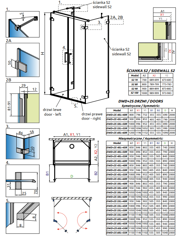 Душевая дверь в нишу 45 см Radaway Arta Door DWD+2S 45 L 386051-03-01L с петлей на углу, стекло прозрачное