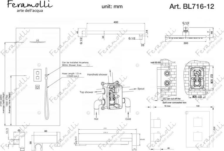 Душевой комплект Feramolli Thermo BL716-12 с термостатом, черный