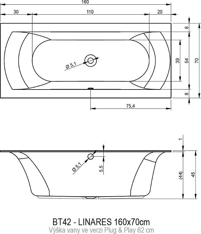 Акриловая ванна Riho Linares 160x75 L B140008005 без гидромассажа