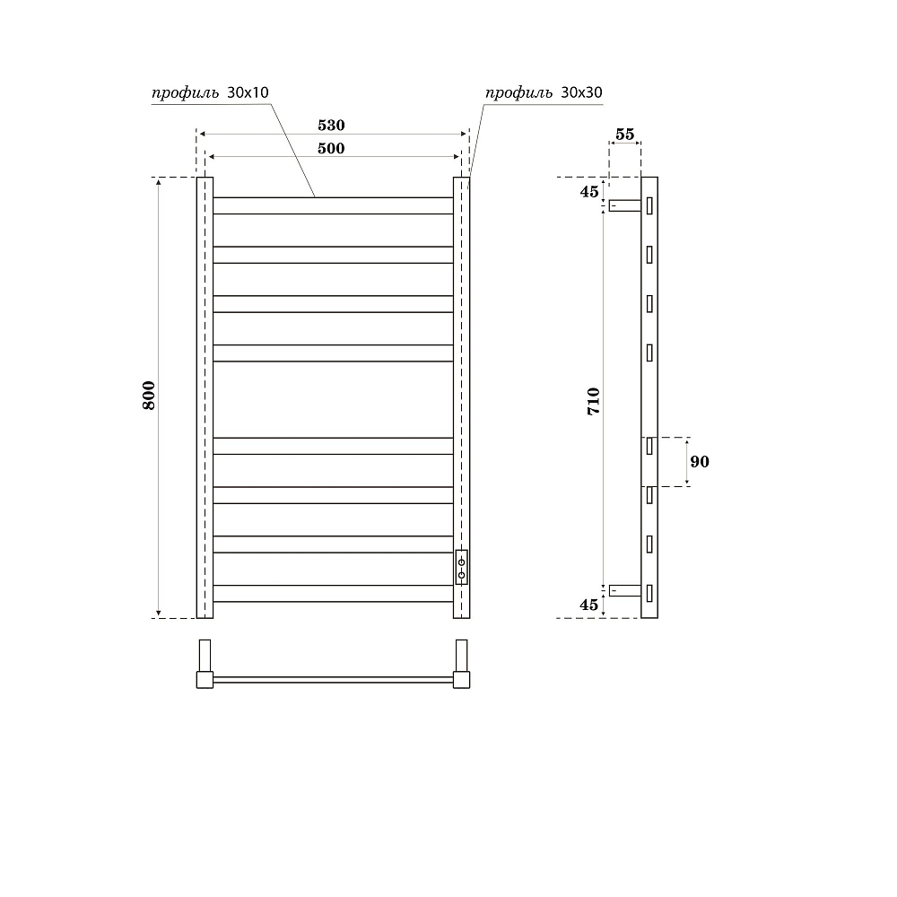 Полотенцесушитель электрический Point Меркурий PN83858GR П8 500x800, диммер справа, графит премиум