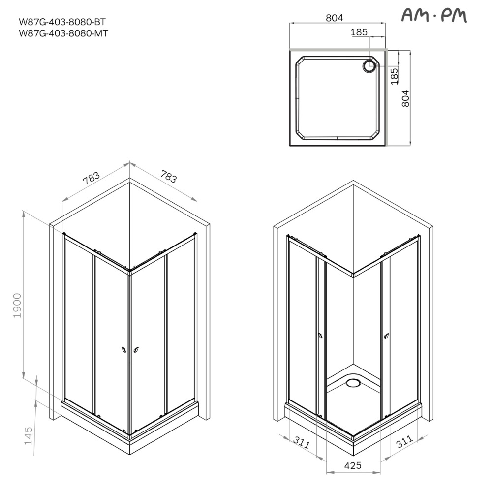 Душевой уголок Am.Pm Sunny W87G-403-8080-BT профиль черный матовый, стекло прозрачное