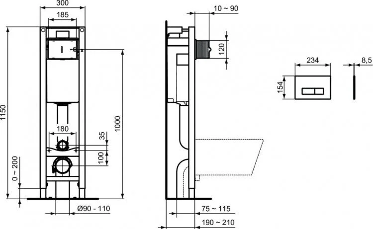 Инсталляция Ideal Standard Prosys с унитазом Ideal Standard Tirso, E2332AA /R034301, безободковый, с микролифтом, белый, клавиша хром