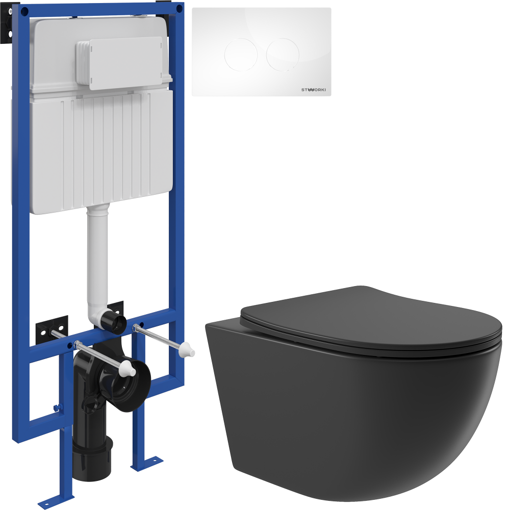Комплект Унитаз подвесной Aqueduto Ovo OVO0140 безободковый, с микролифтом, черный матовый + Инсталляция STWORKI + Кнопка Хельсинки 500470 белая