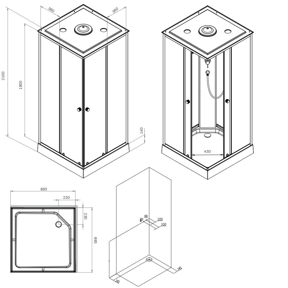 Душевая кабина Am.Pm X-Joy Square W94C-403-090BT 90х90 см, с крышей, стекло прозрачное, профиль черный матовый матовый