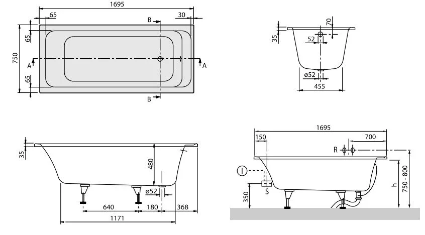 Акриловая ванна Villeroy & Boch Omnia Architectura UBA170ARA2V-01+90950461+U99740000 белый